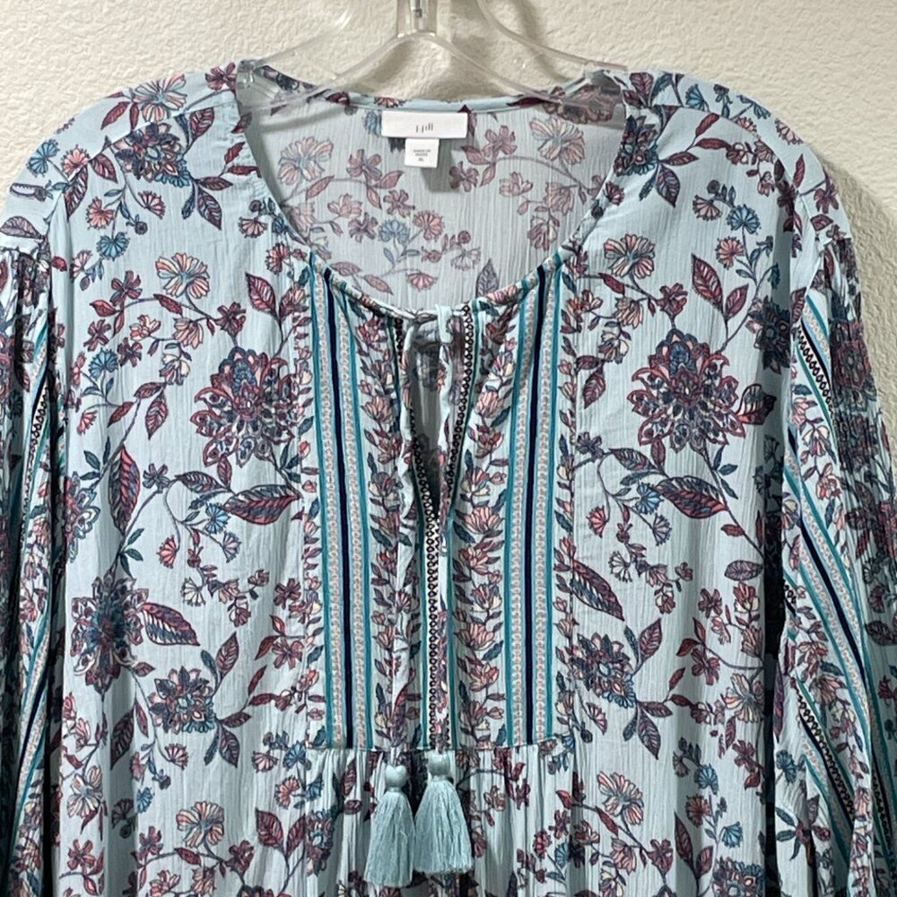 J. JILL Boho Floral Peasant Blouse 3/4 Sleeve Tassel Tie V-Neck Aqua/Pink XL - Picture 5 of 11